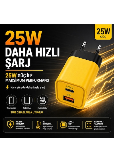 25w Hızlı Şarj Adaptörü Type-c + Usb Çift Girişli Akıllı Şarj Başlığı Kompakt Tasarım