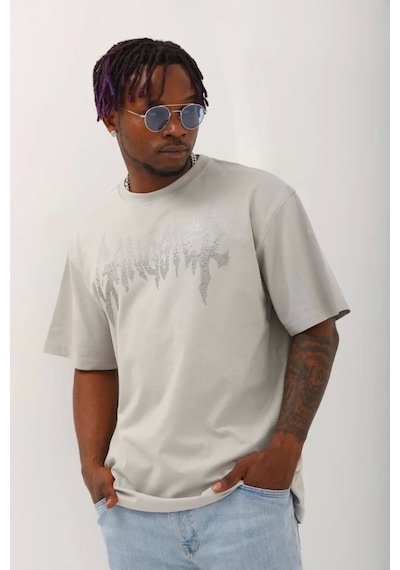 Unisex Oversize Taşlı Bisiklet Yaka T-shirt - Gri Gri