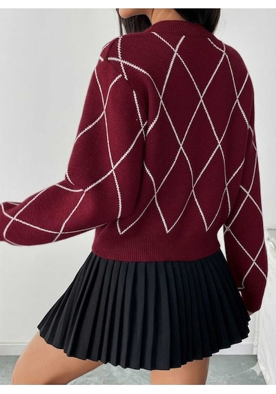 Sayzen Your Shine Baklava Desenli Kurdele/fiyonk Detayli Triko Kazak Sy-001kzk-gri Bordo
