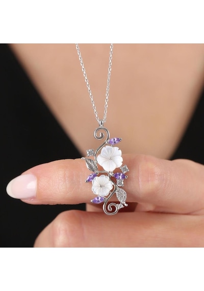 Mia vento Ametist Taşlı Manolya Çiçeği Sevgi Bahçesi Flowers Gümüş Kolye
