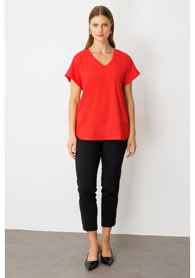 On Kadın Büyük Beden V Yaka Parçalı T-shirt 71476 Mercan