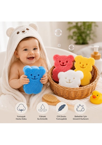 Bebek Ayıcık Figürlü Bebek Banyo Süngeri 4'lü Renkli Yumuşak Banyo Lifi