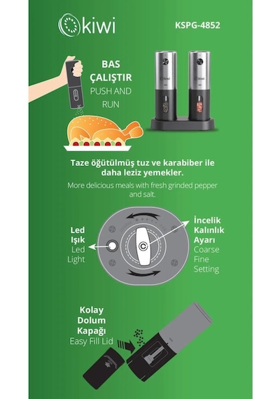 Kiwi Kspg-4852 Şarjlı Paslanmaz Çelik Tuz Karabiber Değirmeni Otomatik Baharat Öğütücü 2li Paket Gri - Siyah