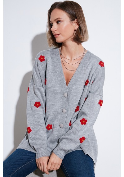 Lela Oversize Fit Çiçekli Düğmeli V Yaka Soft Akrilik Bayan Hırka 4616192 Açık Gri