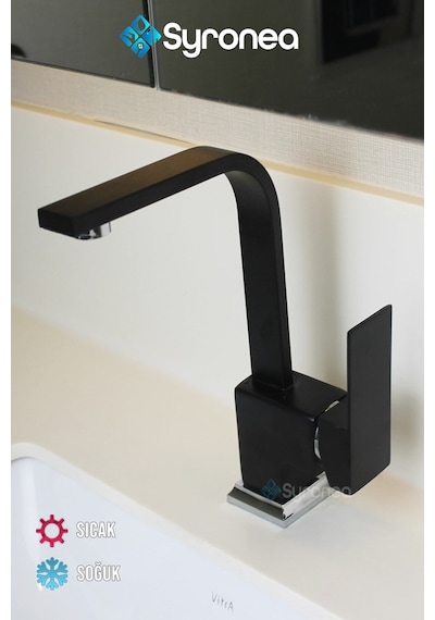 Siyah Kuğu Kare Banyo Lavabo Bataryası Sıcak Ve Soğuk Su Girişli Aç Kapa Musluk Siyah