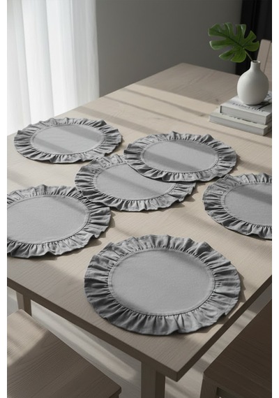 Yunusoğlu Home Pamuklu Fırfırlı Supla 6'lı Set Amerikan Servis 33 Cm Çap Supla 6'lı Füme