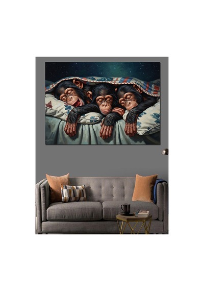 Yorgan Altında Uyuyan Yavru Maymunlar Yağlı Boya Dokulu Kanvas Tablo Canvas Tablosu