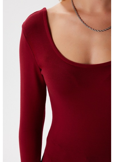 Ritnice Kadın Heat Lux Touch U Yaka Bordo Uzun Kol Soft Bluz Bordo