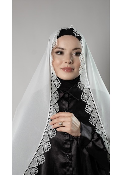 Hürrem Bone Krem Namaz Başörtüsü Şal Şifon Kumaş Güpürlü 202106 40