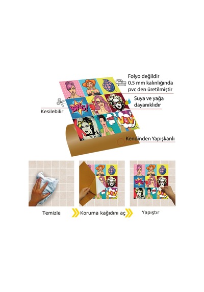 Tink Kendinden Yapışkanlı Karma Popart Desenli Pvc Karo 30x30 Cm