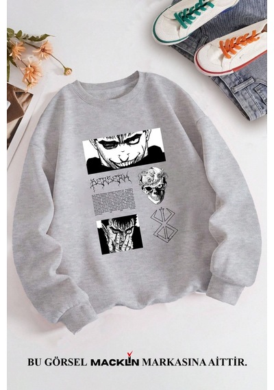 Macklin Unisex Kadın Erkek Berserk Anime Özel Tasarım Baskılı Bisiklet Yaka Sweatshirt Gri Mck1358 Gri