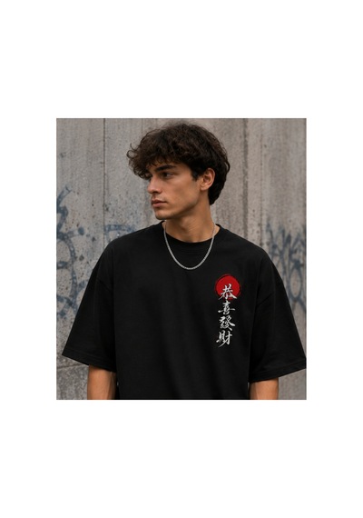 Qmen Style Unisex Siyah Oversize Baskılı T-shirt Japon %100 Pamuk