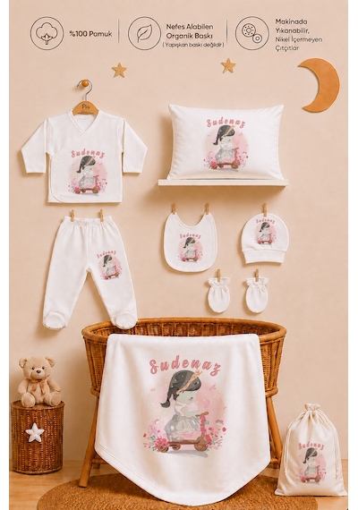 Pia Baby Kız Bebek Hastane Çıkışı 12 Parça %100 Pamuk İsme Özel Organik Baskılı Kese Hediyeli 209411kyx Ekru