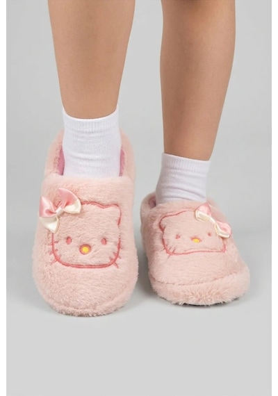 Modafocus Kız Çocuk Kedi Figürlü Peluş Panduf - Pembe Pembe