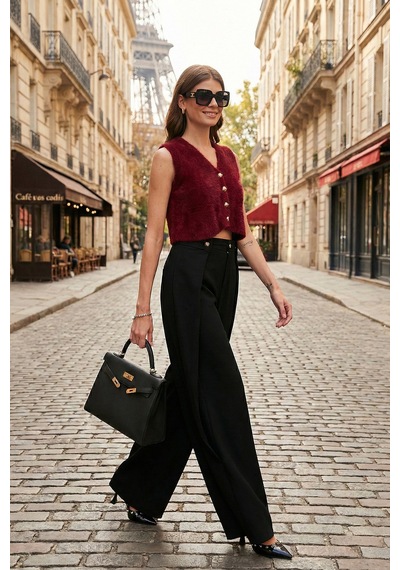 Lela Düğmeli Pile Detaylı Wide Leg Yüksek Bel Geniş Paça Bayan Pantolon 68351133 Siyah