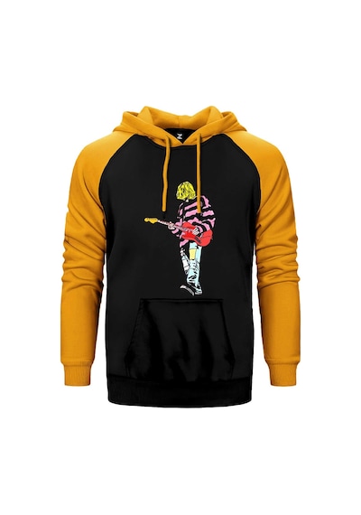 Nirvana Kurt Cobain Siluet Sarı Renk Reglan Kol Kapşonlu Sweatshirt Sarı