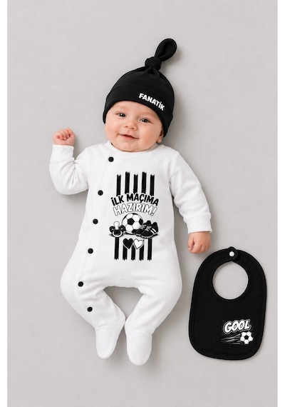 Babyden's 3'lü Bebek Tulum Seti %100 Pamuk Taraftar Temalı Siyah Beyaz İlk Maçıma Hazırım Baskılı Şapka Önlük Seti Siyah - Beyaz