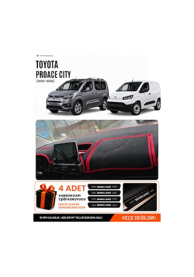 Toyota Proace Cıty 2020-2026 Uyumlu Torpido Örtüsü, Torpido Kılıfı - Siyah Kırmızı