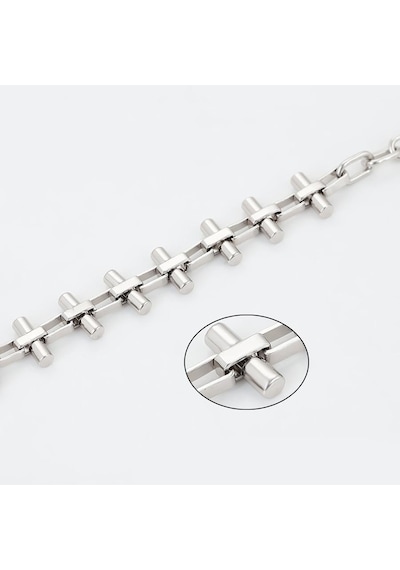 Zincir Detaylı Çubuk Ve Halka Motifli Platin Kaplama Minimalist Kadın Bileklik Silver