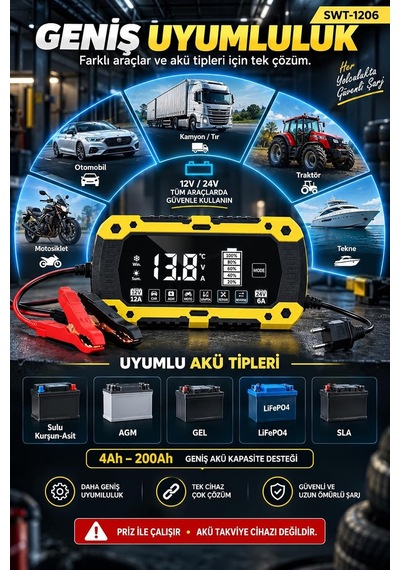 Tr Akıllı Akü Şarj Cihazı 12v 12a / 24v 6a, 4ah-200ah Lcd Ekranlı Akü Bakım Cihazı, Kış Yaz Modu, Pulse Repai