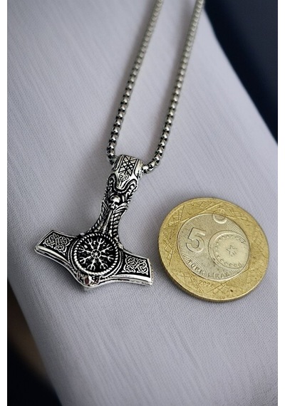 Gümüş Kaplama K-150 Paslanmaz Kromix Erkek Kolyesi Thor'un Çekici Viking Baltası Gravürlü Madalyon Beyaz