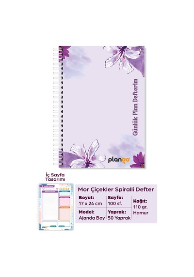 Mor Çiçekler Spiralli Günlük Planlama Defteri - 100 Sayfa - 17x24 Planlayıcı Defter Beyaz - Bej