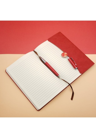 Mobgift Düğme Detaylı Tarihsiz Deri Defter Kalem Seti Kırmızı