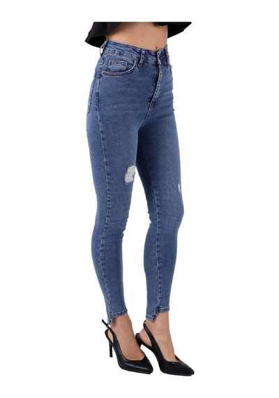 Alemdarshop Mavi Renk Dar Paça Eskitme Detaylı Yüksek Bel Jeans - Mavi