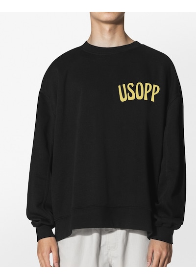 Unisex Siyah Usopp Baskılı Hoodie Oversize Kapşonsuz Sweatshirt Siyah