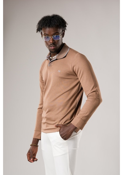 Advante Slimfit Düğmesiz V Polo Yaka Likralı Uzun Kol Mevsimlik Sweatshirt Açık Kahverengi