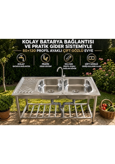 50x120 Seyyar Bahçe Evyesi Krom