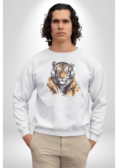 Müzik Dinleyen Kaplan İnsan Mont Unisex Beyaz Baskılı Sweatshirt Beyaz