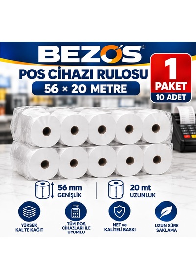 Bezos Termal Pos Cihazı Rulosu 56 Mm X 20 M - 10 Adet 1 Paket Yazar Kasa Slip Rulosu Rengaren