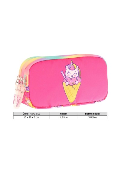 Kaukko Kids Üç Bölmeli Fuşya, Dondurma Ve Unicorn, Kız Çocuk Okul Kalemliği - L8227 Fuşya - Sarı