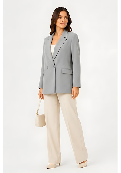 Lili Woman Kadın Kruvaze Açık Gri Blazer Ceket Çift Düğmeli, Cep Kapaklı P.3982g