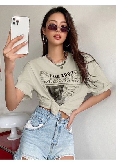 Flood Of Style Kadın Bej 1997 Baskılı Bisiklet Yaka Tshirt