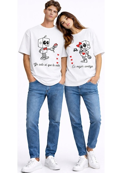 Sevgili Kombini Robot Baskılı Çift Tişört Oversize Unisex Partner Beyaz