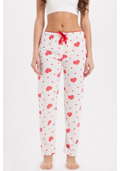 Tudors Kadın Regular Fit Klasik Kesim Viskon Beli Lastikli Fiyonk Detaylı Baskılı Beyaz Pijama Altı-51008