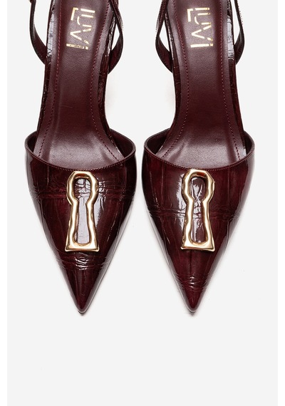 Luvishoes Yvella Bordo Rugan Baskı Tokalı Sivri Burunlu Kadın Topuklu Ayakkabı