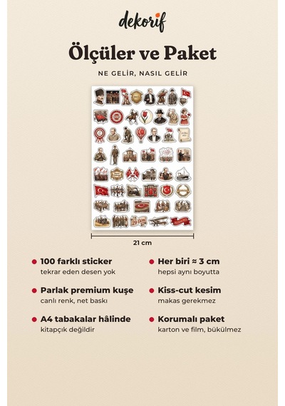 Atatürk Sticker Seti 100 Adet - 29 Ekim Cumhuriyet Bayramı Türk Bayrağı Vintage Ajanda Çıkartma Çok Renkli