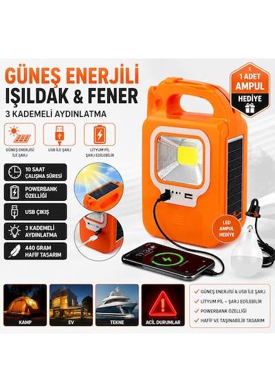 Işıldak Solar Fener Güneş Enerjili Ve Usb Şarj Lamba Kamp Güç Kaynağı Turuncu