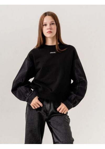 Kız Çocuk Mevsimlik Denim Kol 3 İplik Sweatshirt-14774 Siyah Kız Çocuk Mevsimlik Denim Kol 3 İplik Sweatshirt-14774 Siyah