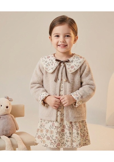 Kız Çocuk Yumuş Hırkalı Poplin Çiçekli Elbise Takım Beb-16489 Bej