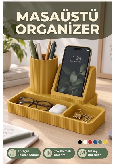 Masaüstü Organizer Telefon Standı Kalemlik Çok Amaçlı Masa Düzenleyici Sarı