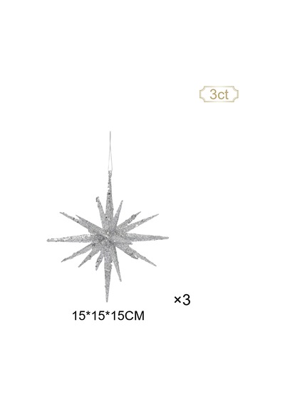 Karaca Home New Year Yılbaşı Glitter Star 3 Adet Ağaç Süsü Seti Silver 15x15x15 Cm