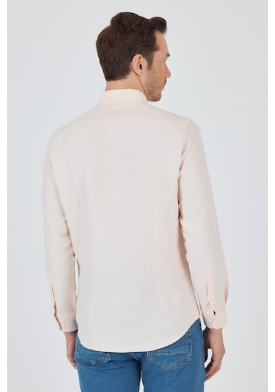 İmza Uzun Kol Desenli Armürlü Düğmeli Yaka Cepsiz Pamuklu Classic Slim Fit Gömlek 1004250205 Somon