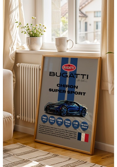 Bugatti Chiron Super Sport Araba Tablosu - Teknik Özellikli Otomobil Poster - Çerçeveli Duvar Dekoru Kayın