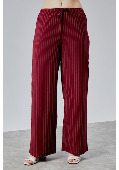 Genius Store Kadın Pantolon Geniş Paça Yüksel Bel Cepli Çizgili Pantolon Çizgili-pantolon Bordo