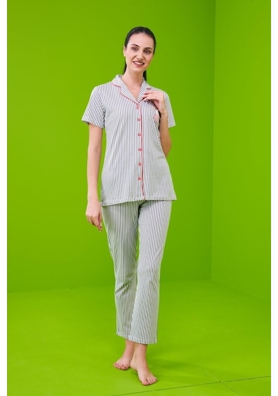 Pjs 23151 Kadın Çizgili Düğmeli Pijama Takım