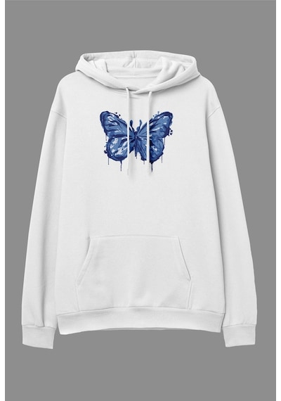 Startmore Oversize Mavi Boya Kelebek Temalı Tasarım Baskılı Unisex Kapüşonlu Sweatshirt Hoodie Beyaz Beyaz